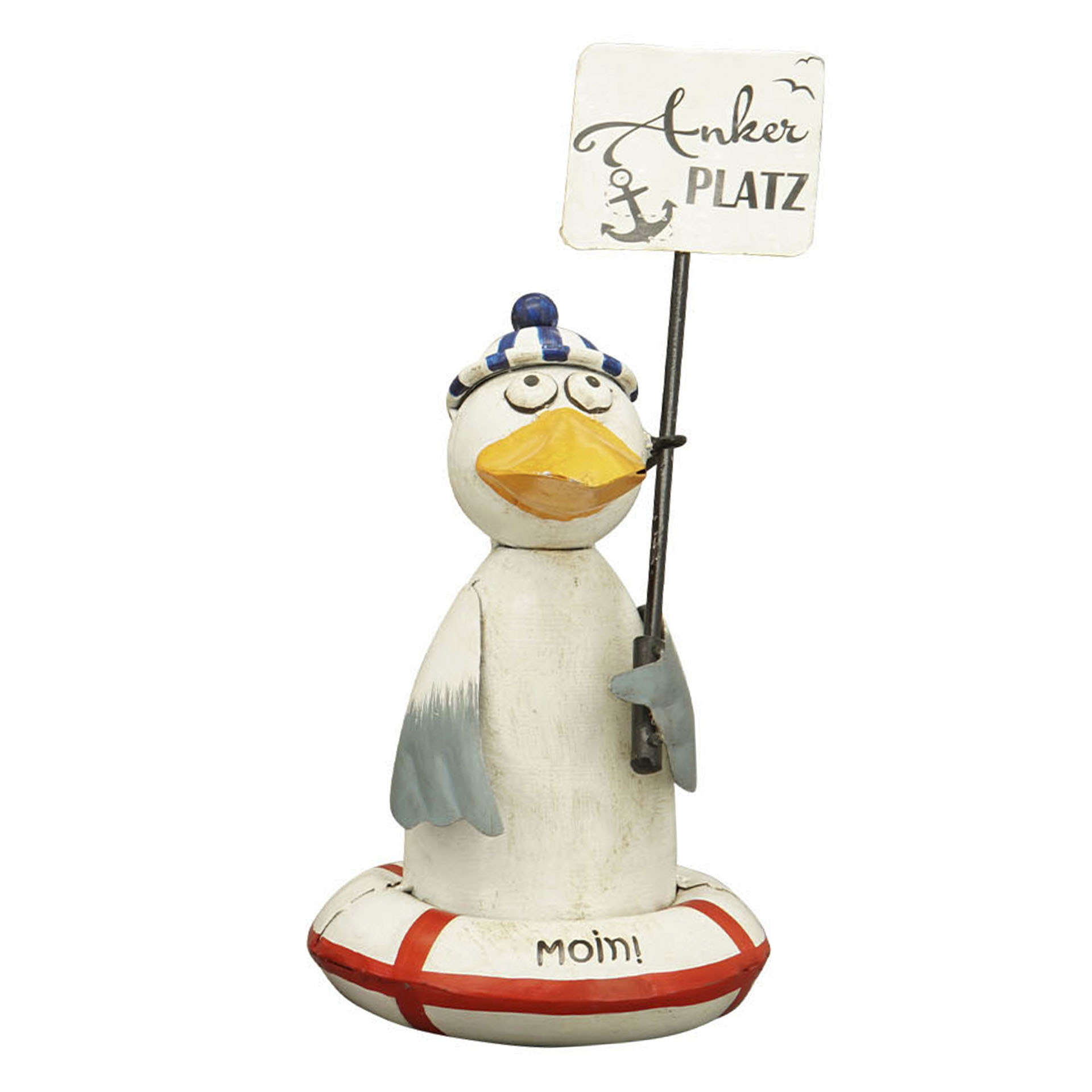 Zaunhocker Möwe mit Rettungsring hält Schild hoch