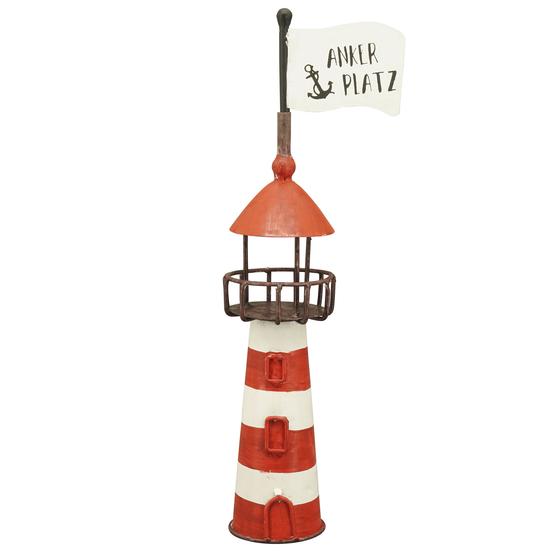 rot/weiß gestreifter Leuchtturm als Zaunhocker