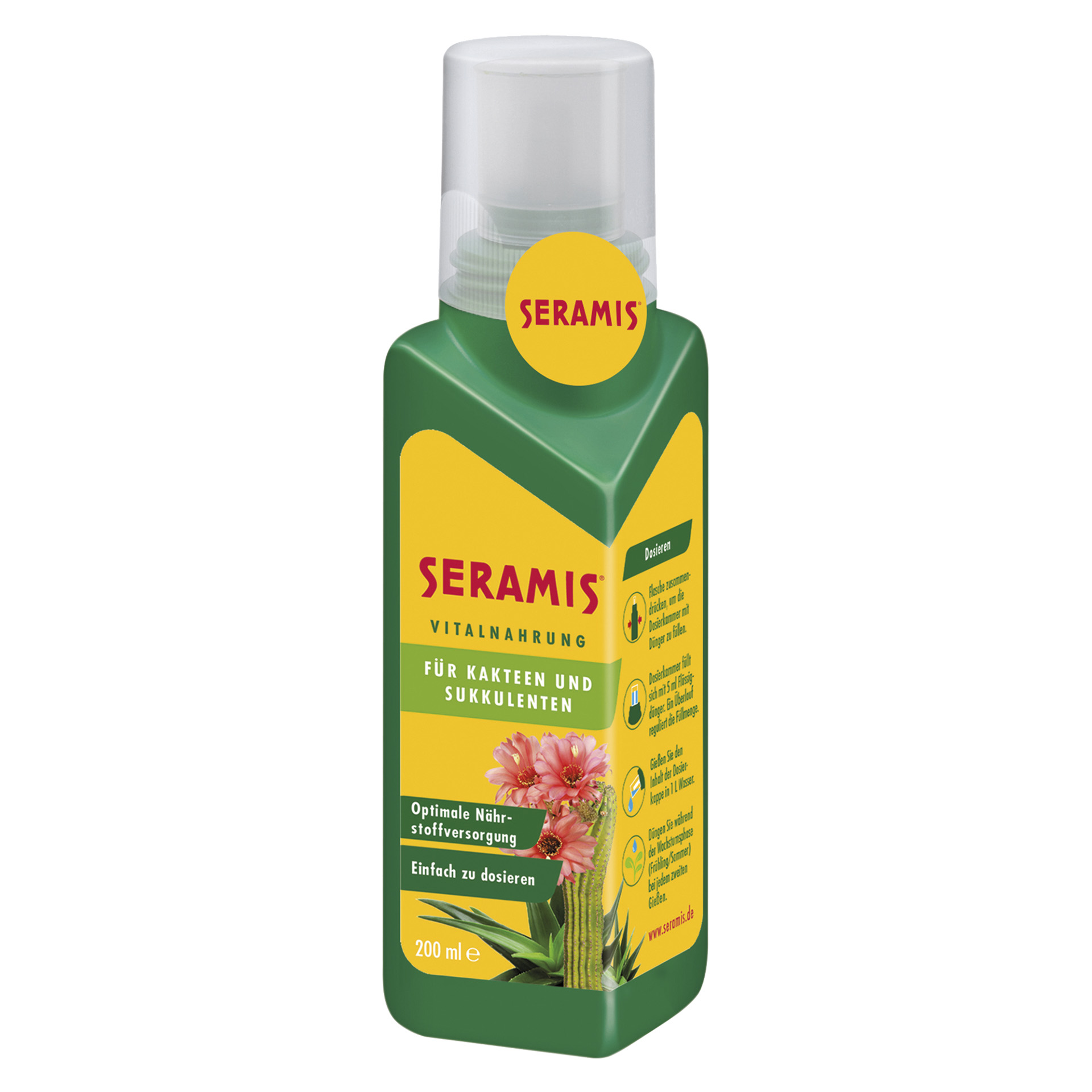 eckige Flasche 0,2l mit Abbildung von blühendem Kaktus und Sukkulente