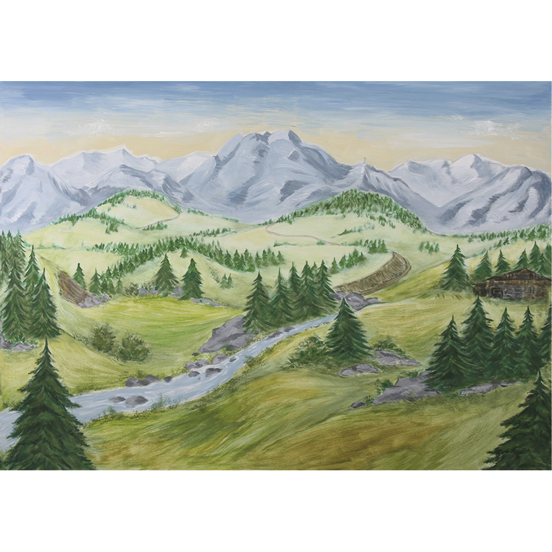 Poster mit Tannen und Gebirgsfluss , im Hintergrund Berge