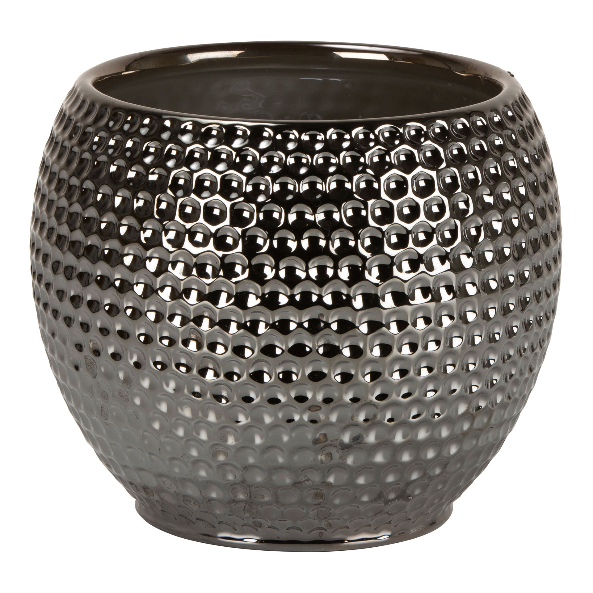 kugeliger Übertopf in metallisch glänzendem Silber