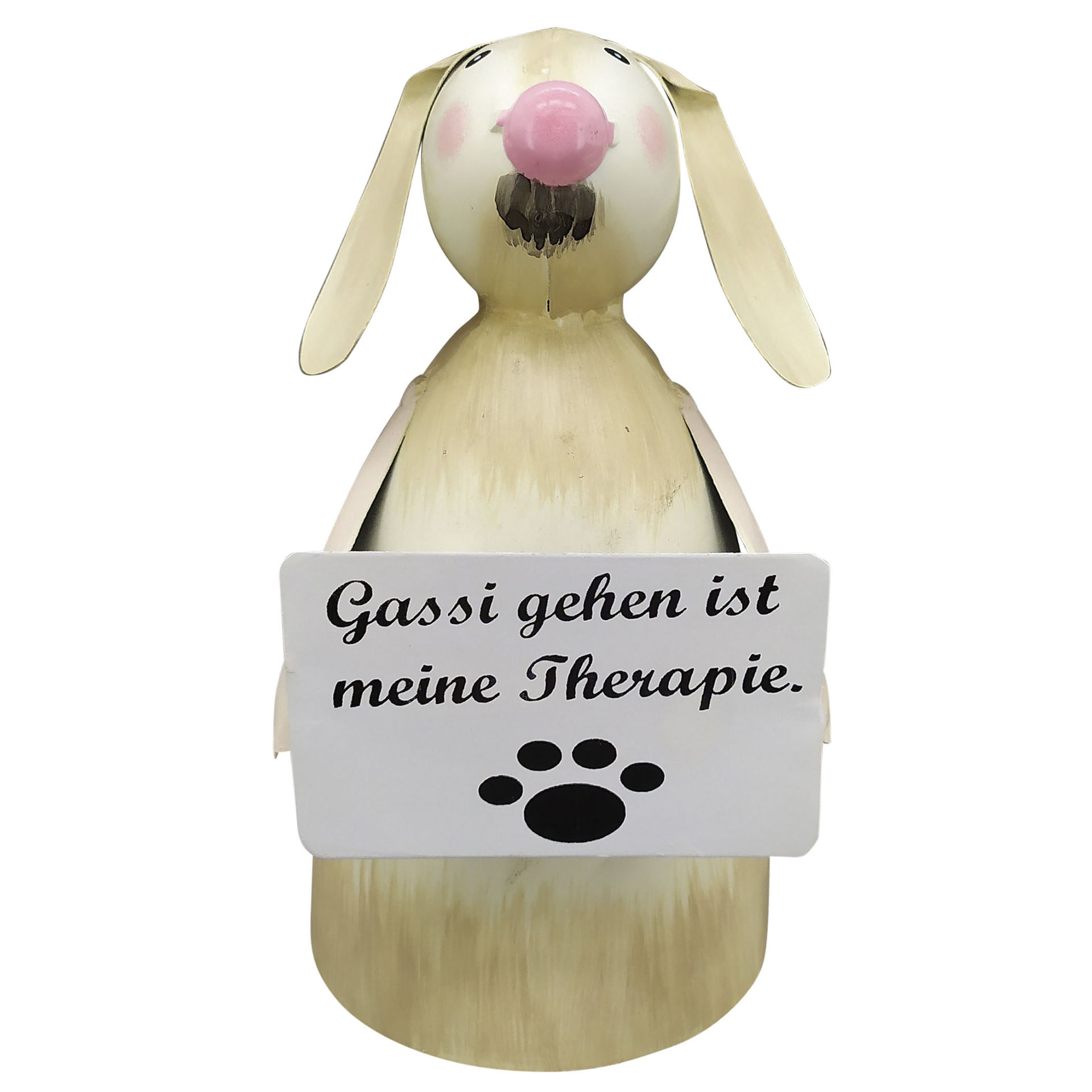 beigefarbener Hund als Zaunhocker mit Schild vor Bauch