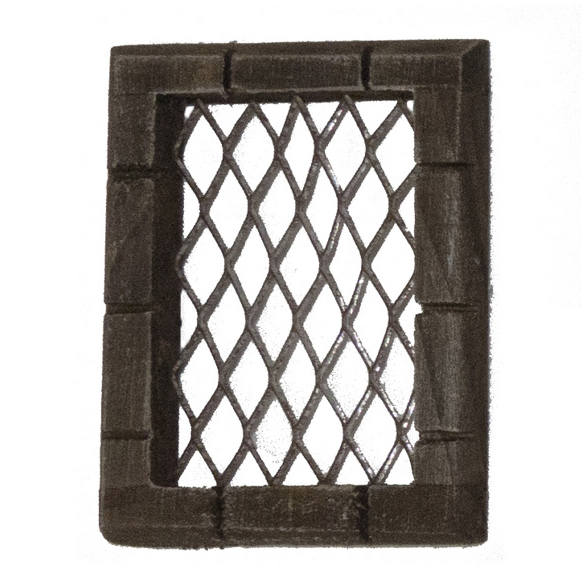 rechteckiges Holzfenster mit schwarz lackiertem Gitter