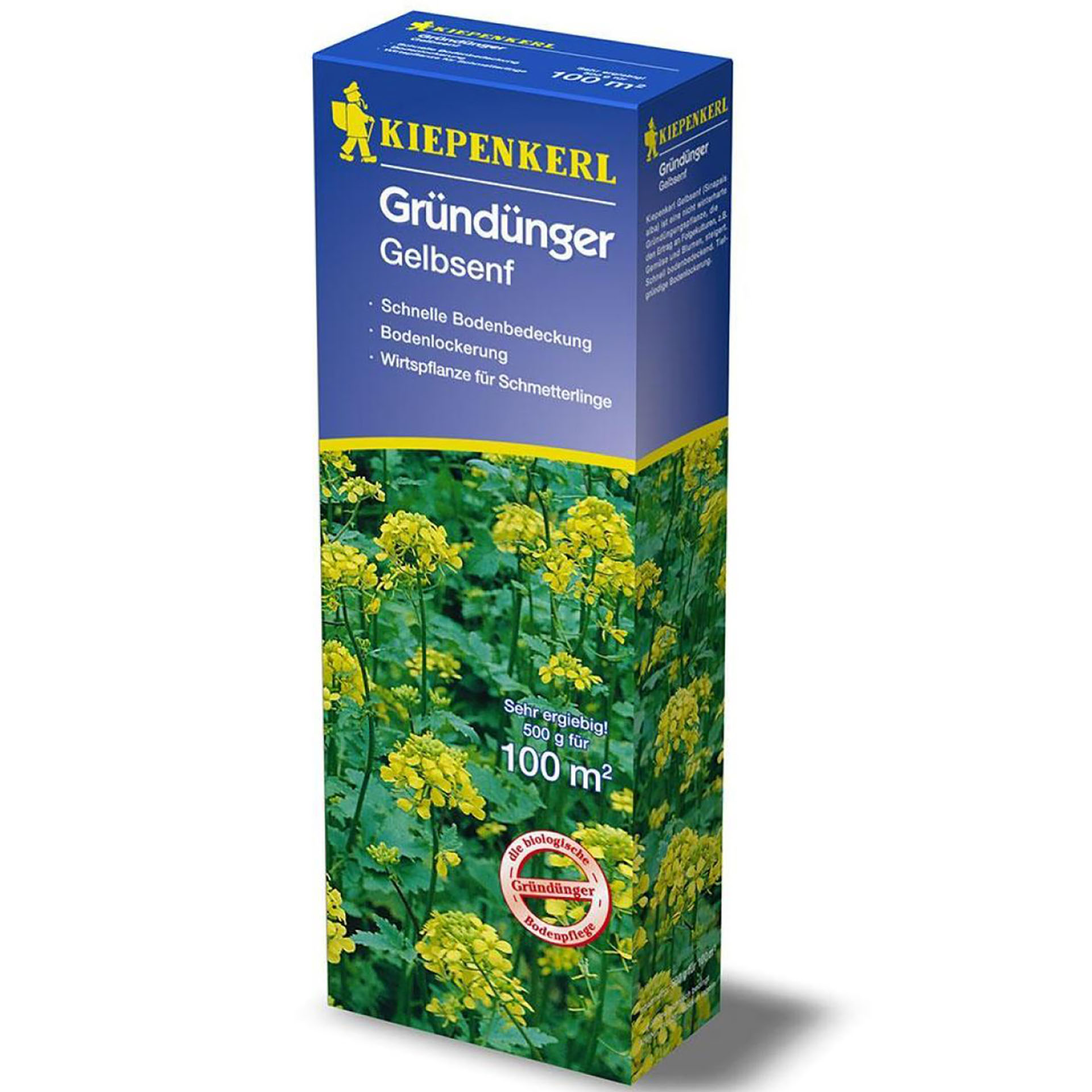 Packung mit Abbildung blühender Gelbsenf, Kräuterig, Kräuter, Pflanze, Essen, Würzen