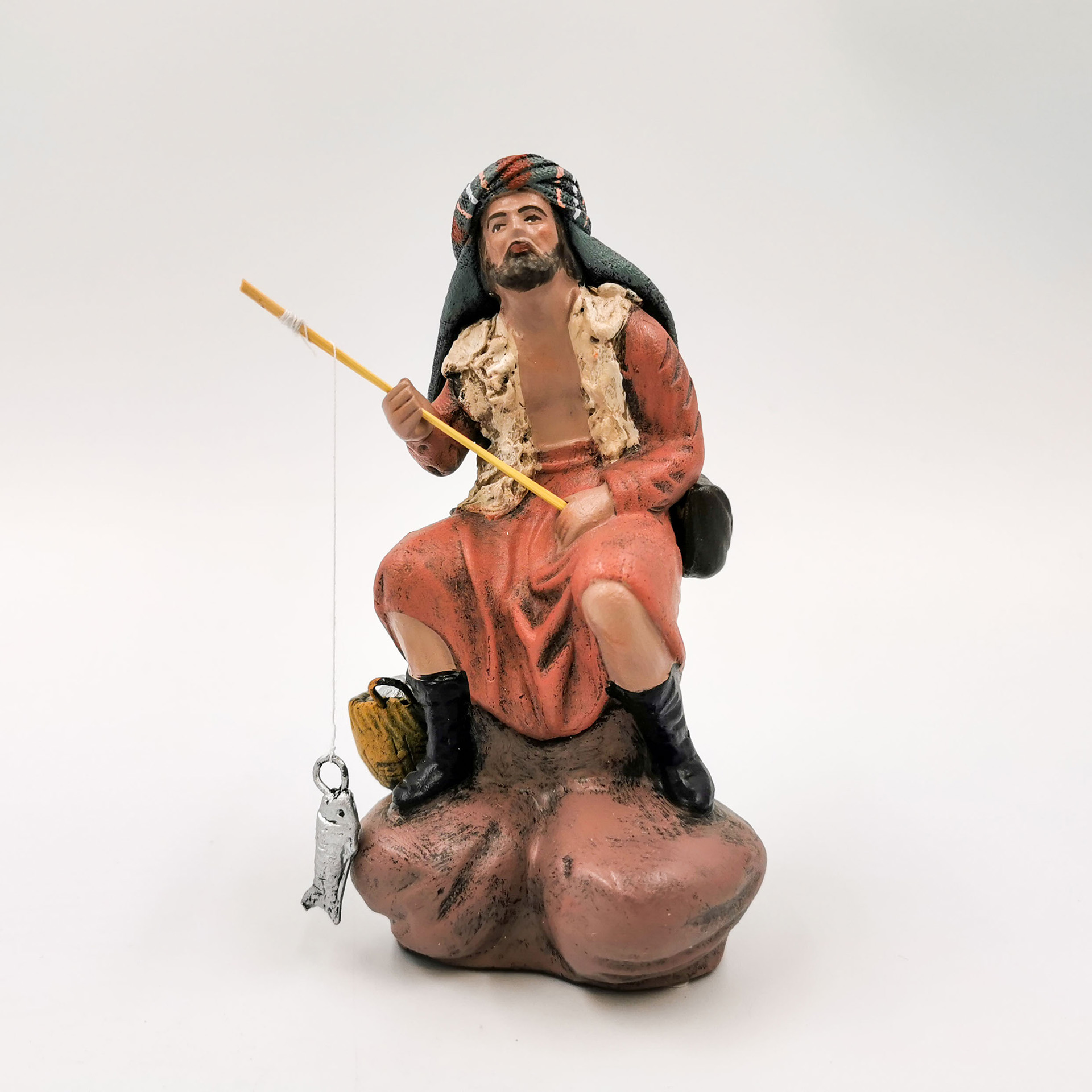 Hirte beim Angeln Krippenfigur Ton