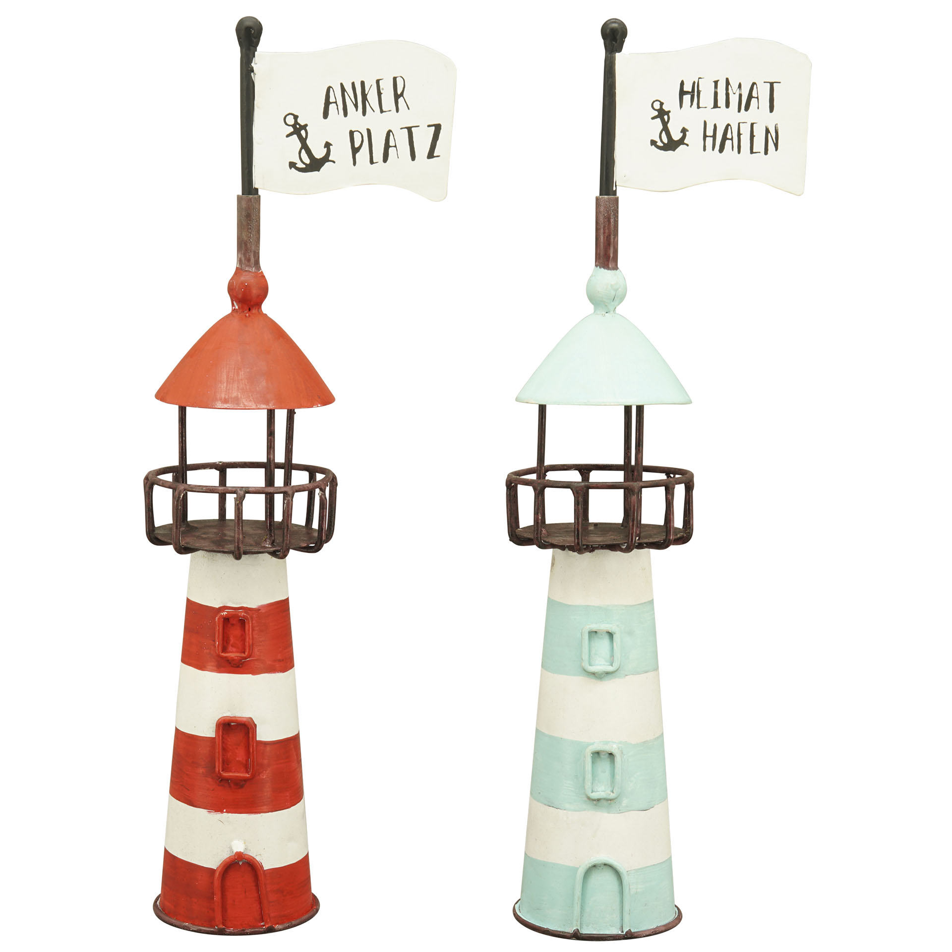zwei verschiedenfarbige Leuchttürme als Zaunhocker