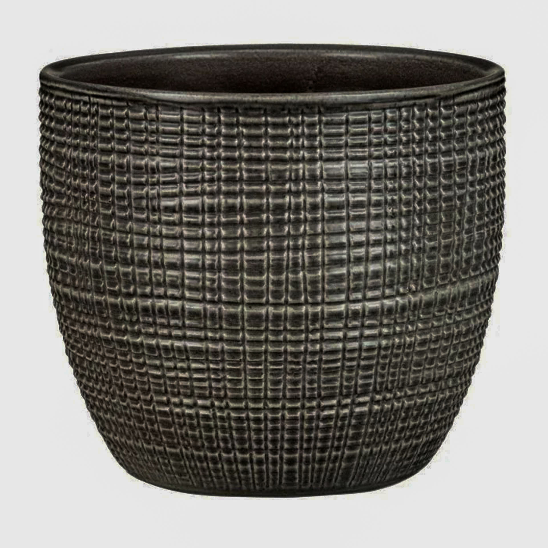 grauer Übertopf mit kleinen geritzten Karos