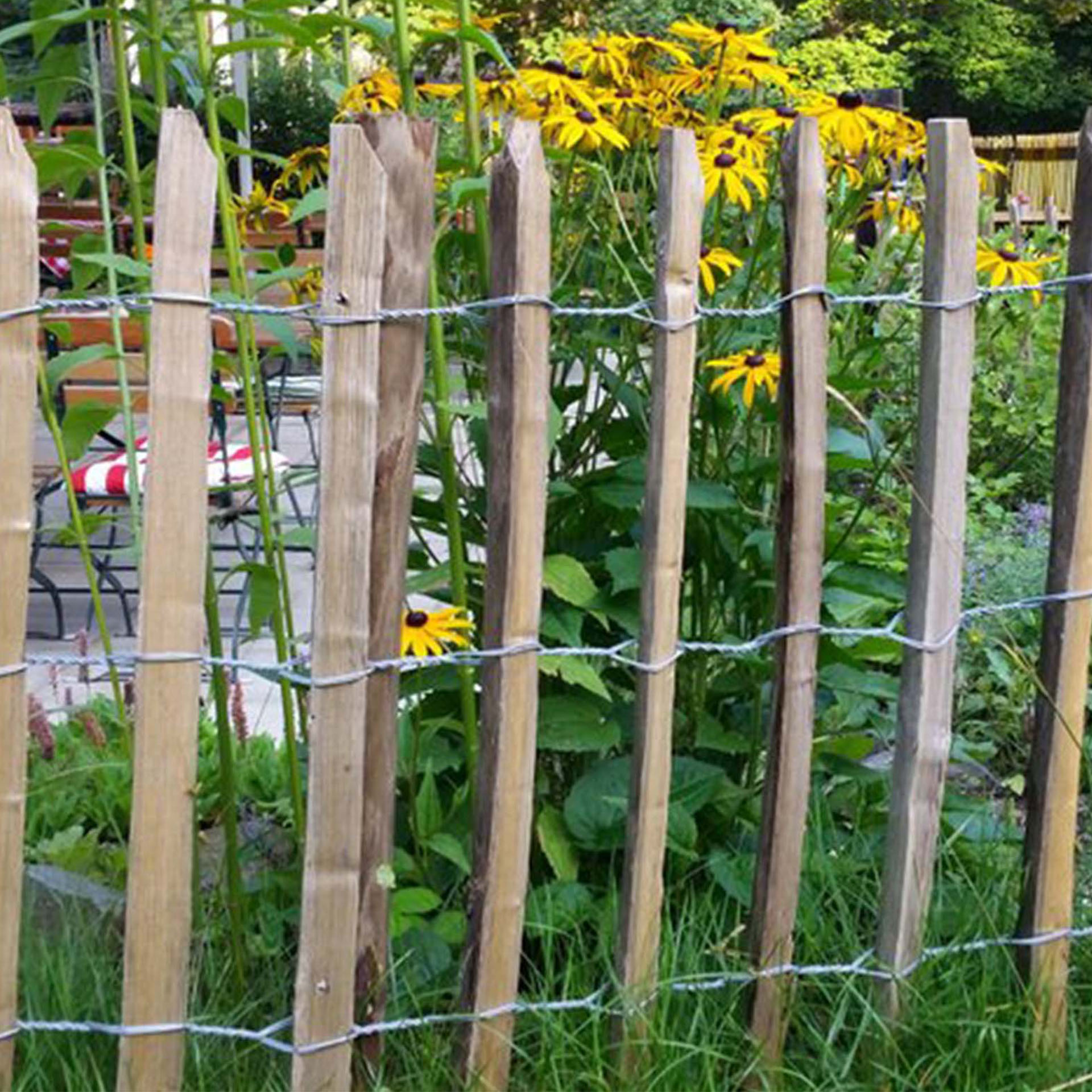 Staketenzaun als Begrenzung von Sitzecke mit Blumen, holzzaun, heckenzaun, holzzaun, gitternetz, pflanzen