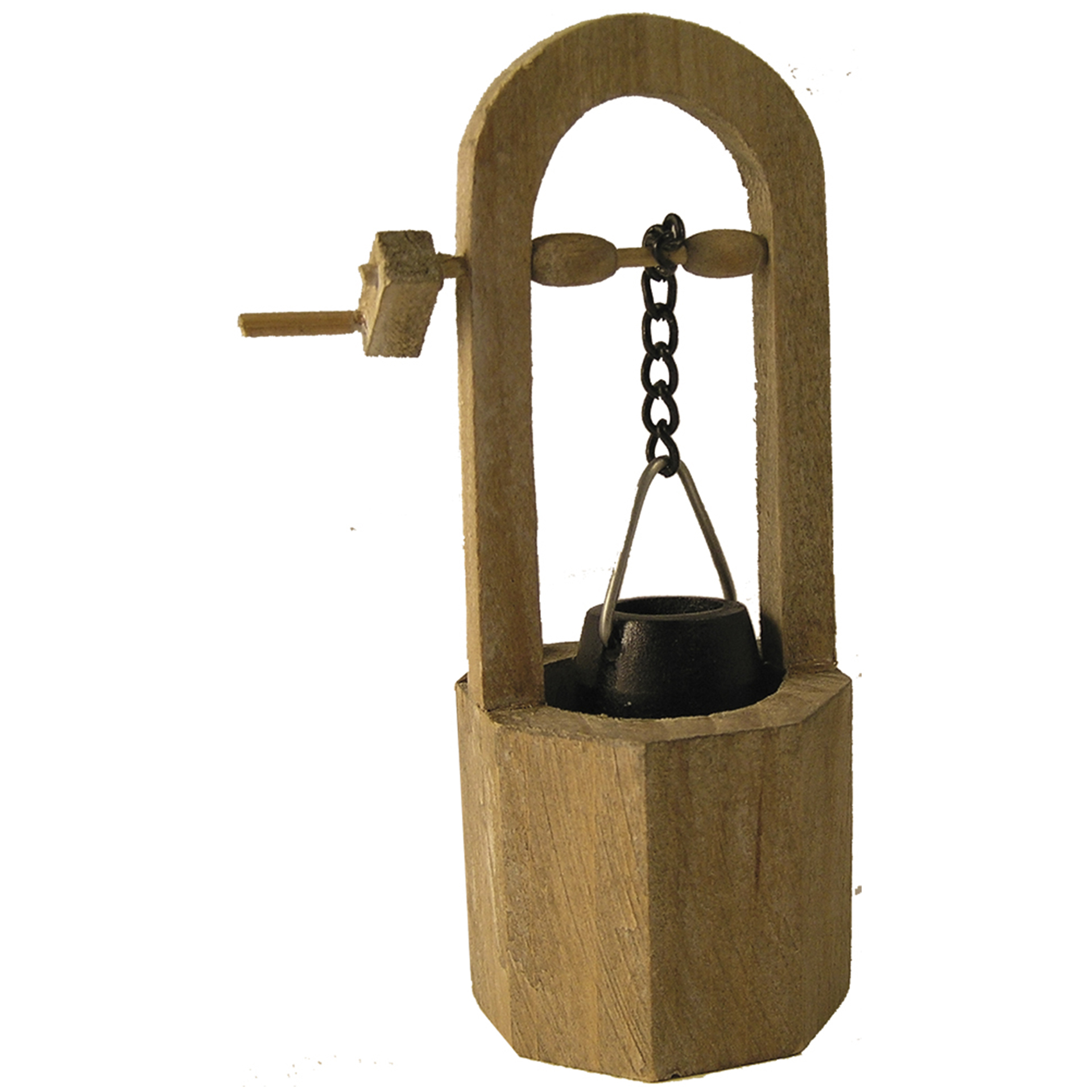 runder Holzbrunnen mit Rundbogen und Kurbel