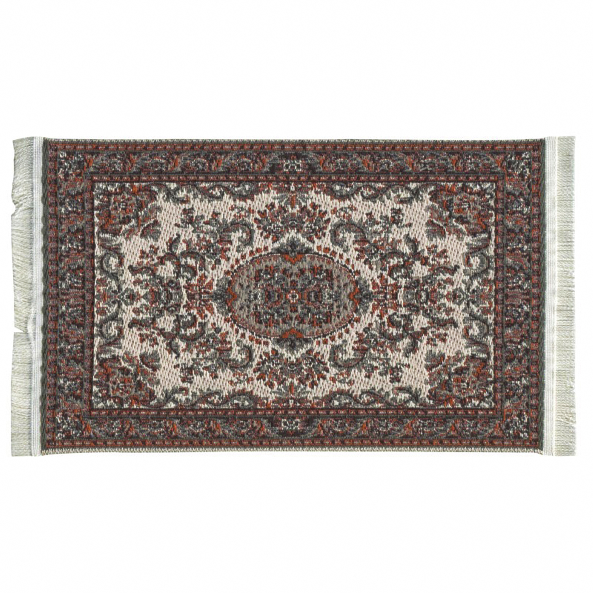 Miniatur Teppich beige-dunkelrot mit hellen Fransen 8x10cm