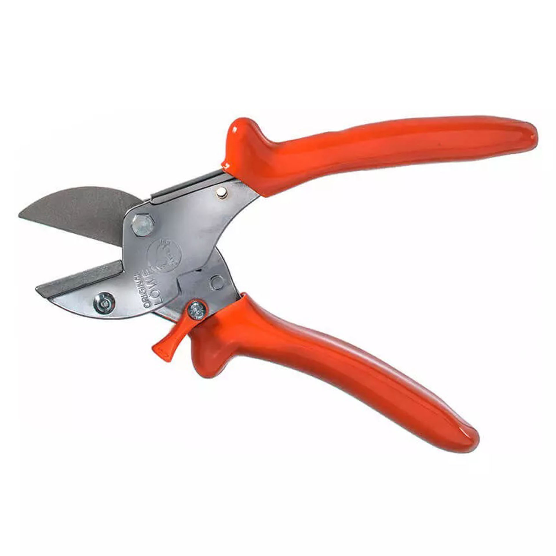 Gartenschere mit geöffneter Schneide, gebogener oranger Griff