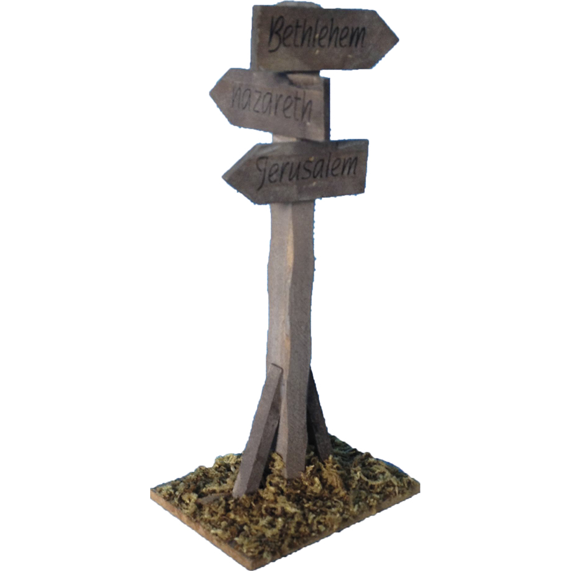 Holzschilder beschriftet mit Nazareth, Bethlehem und Jerusalem, zeigen Weg in verschiedene Richtungen