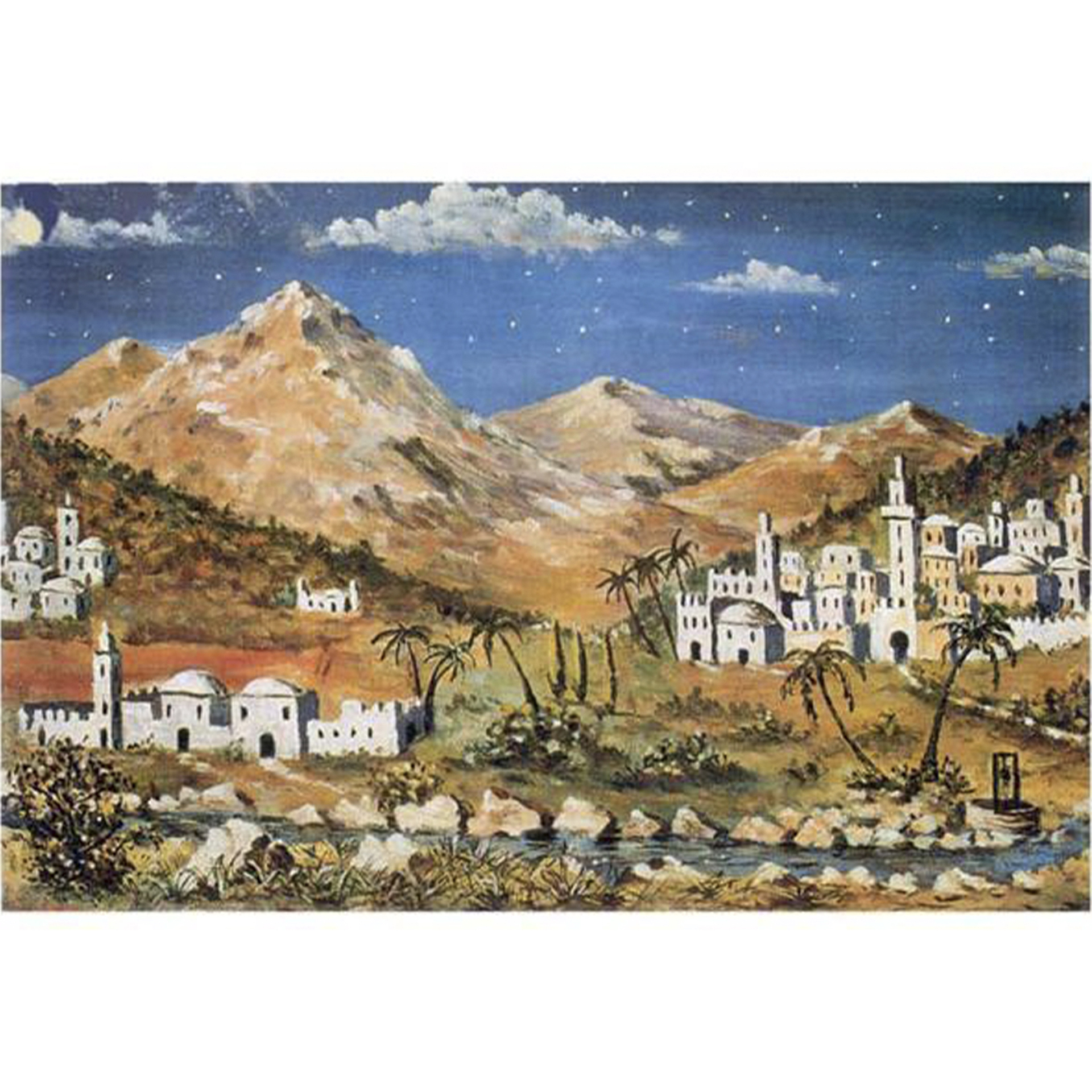 Orientalische Satdt im Vordergrund, Berge im Hintergrund und blauer Himmel