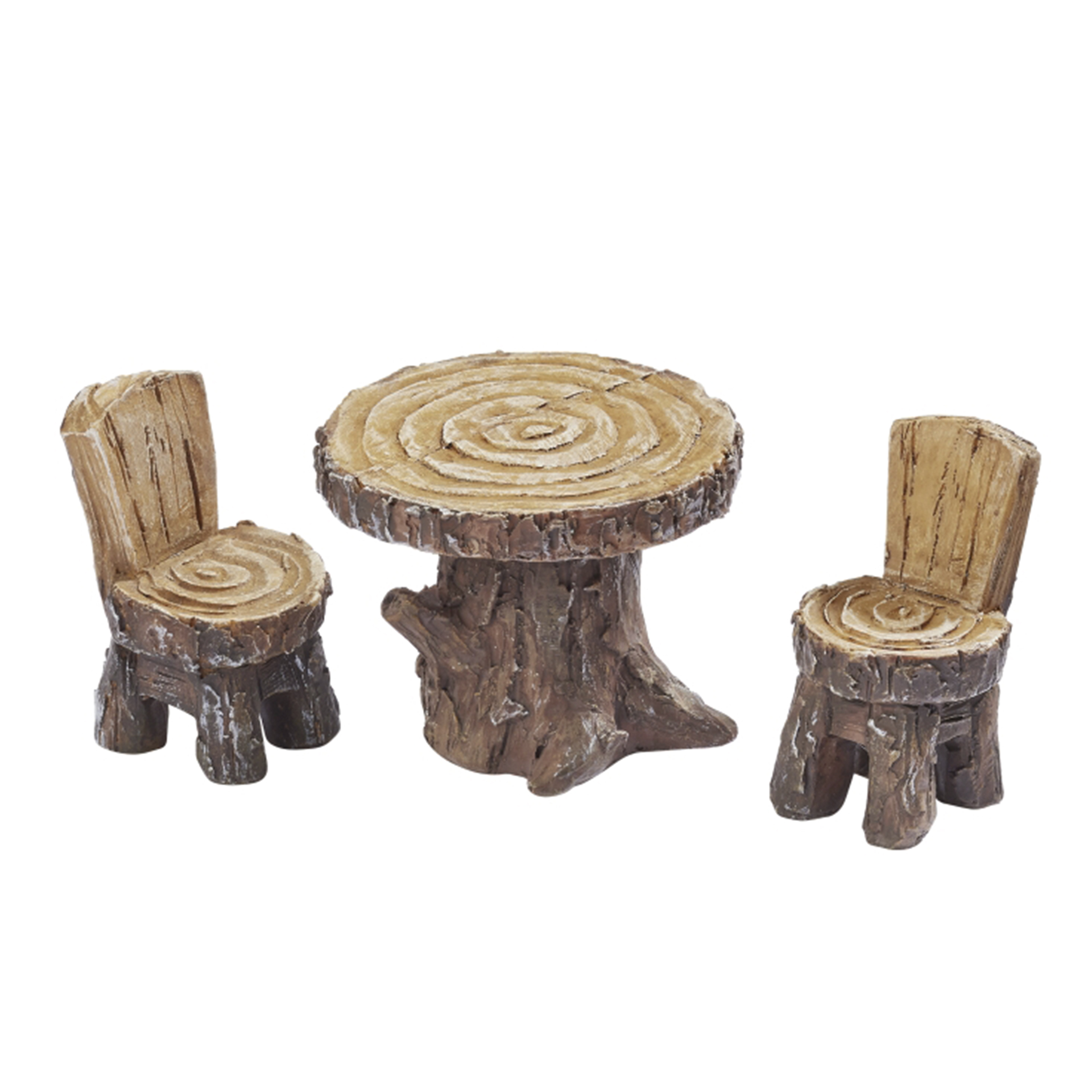 Tisch mit 2 Stühlen, optisch wie aus Baumstämmen gefertigt