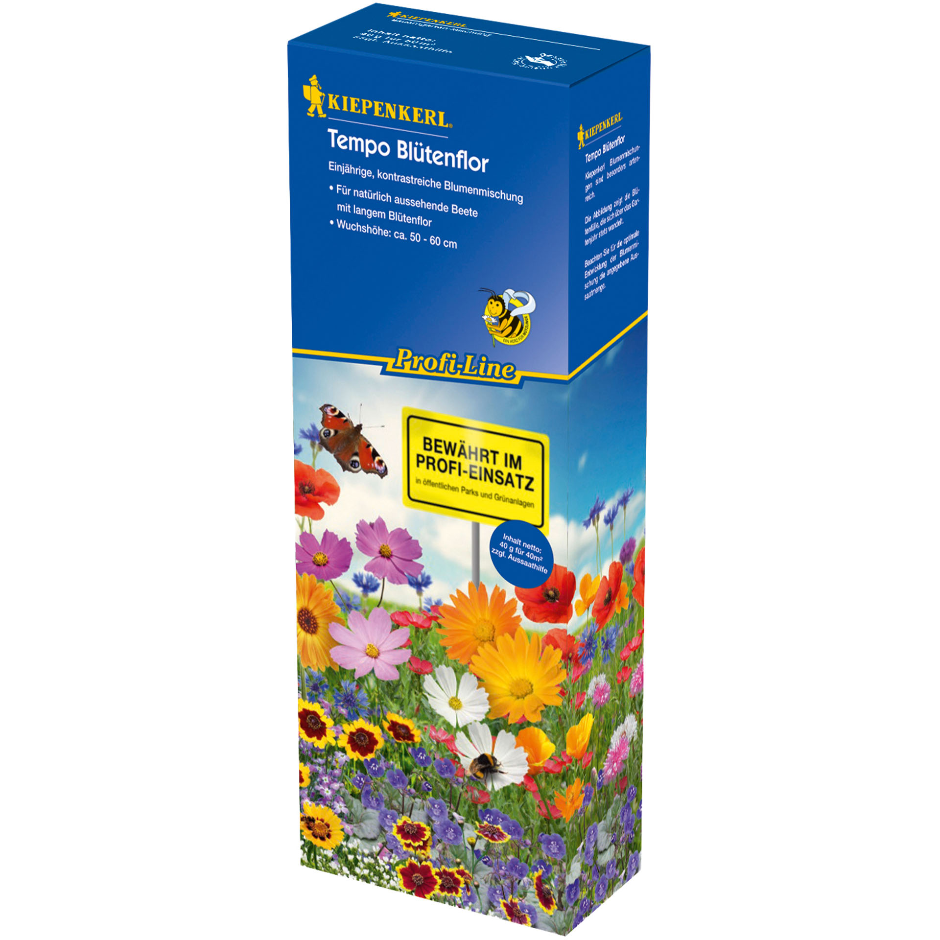 blaue Packung mit bunter BlumenwieseTempo Blütenflor
