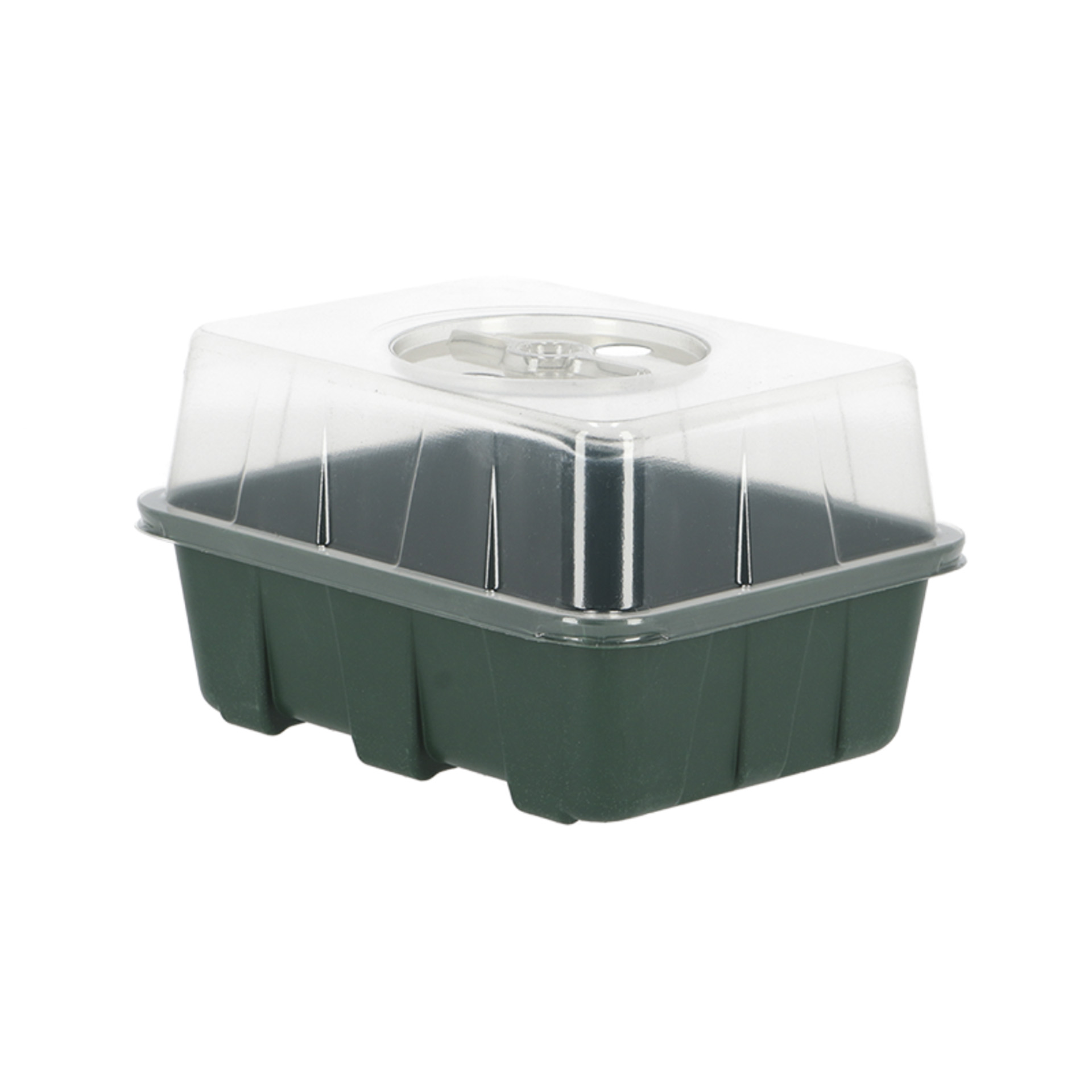dunkelgrüne Schale mit durchsichtigem Deckel mit Lüftungslöchern