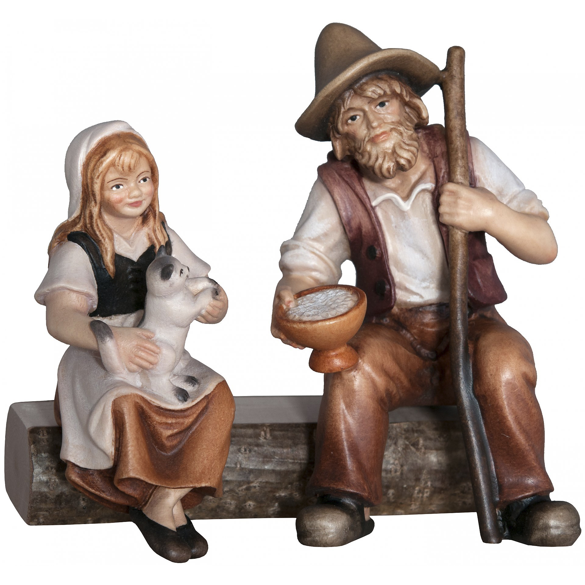 Krippenfigur Mädchen und Hirte auf Bank Bethlehem Krippe color