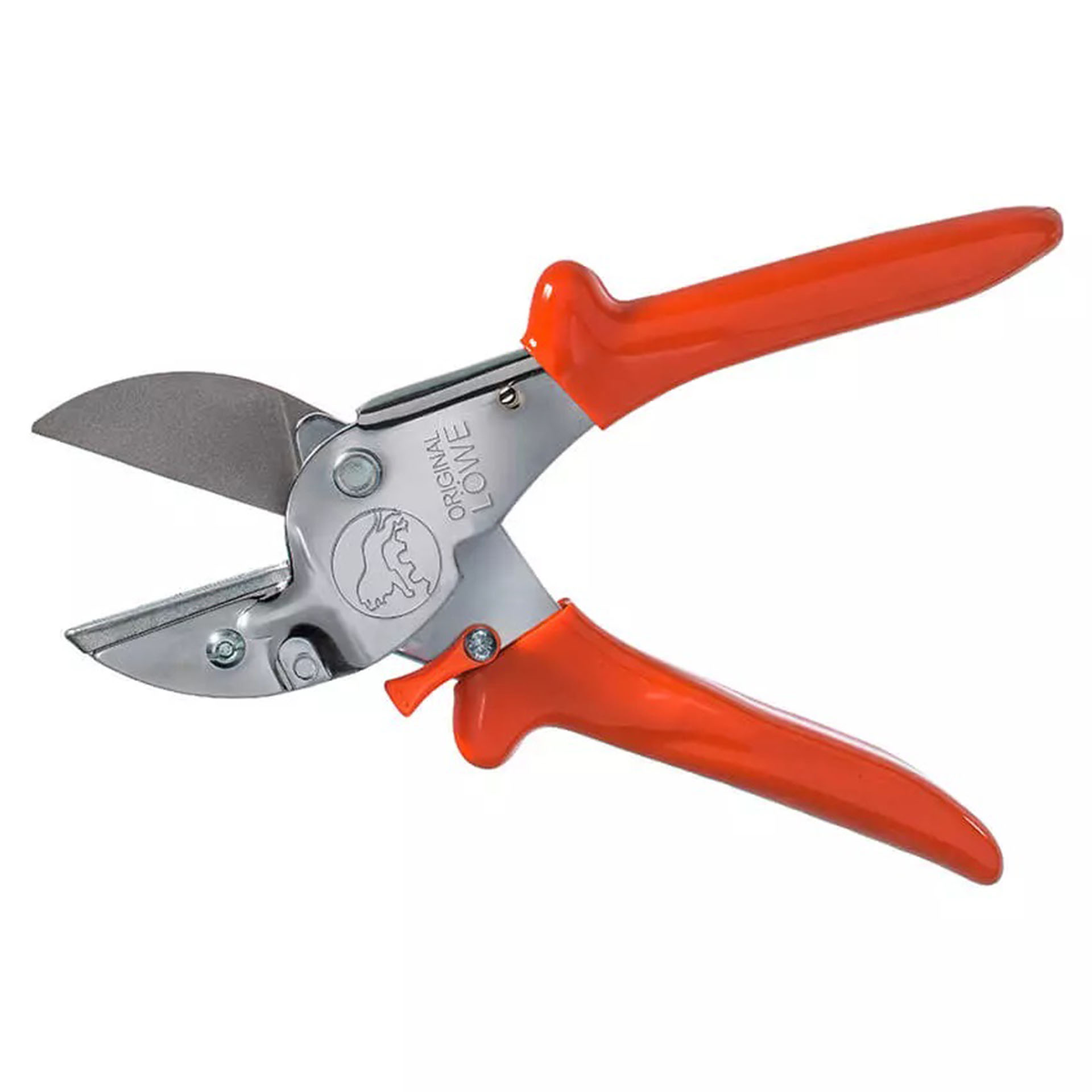 Gartenschere mit geöffneter Schneide, gerader oranger Griff