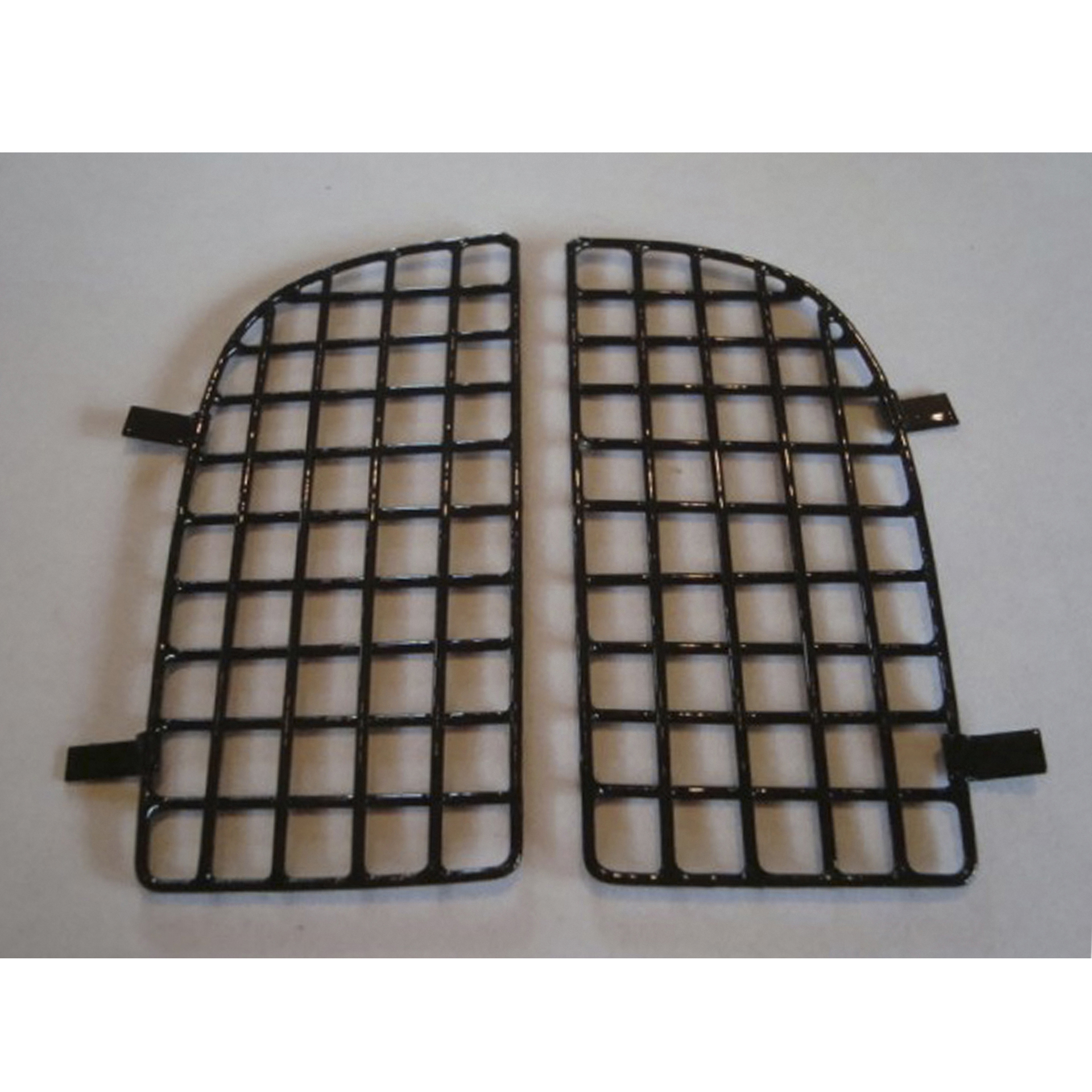 schwarz lackiertes, zweiteiliges Tor/ Fenstergitter aus Metall mit Rundbogen