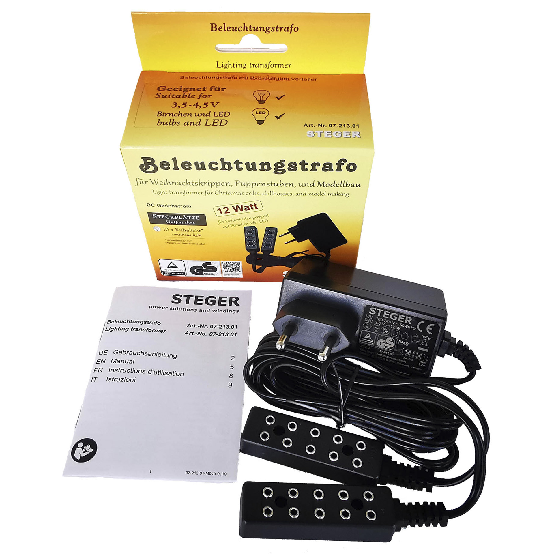 schwarzer Trafo mit Datenblatt