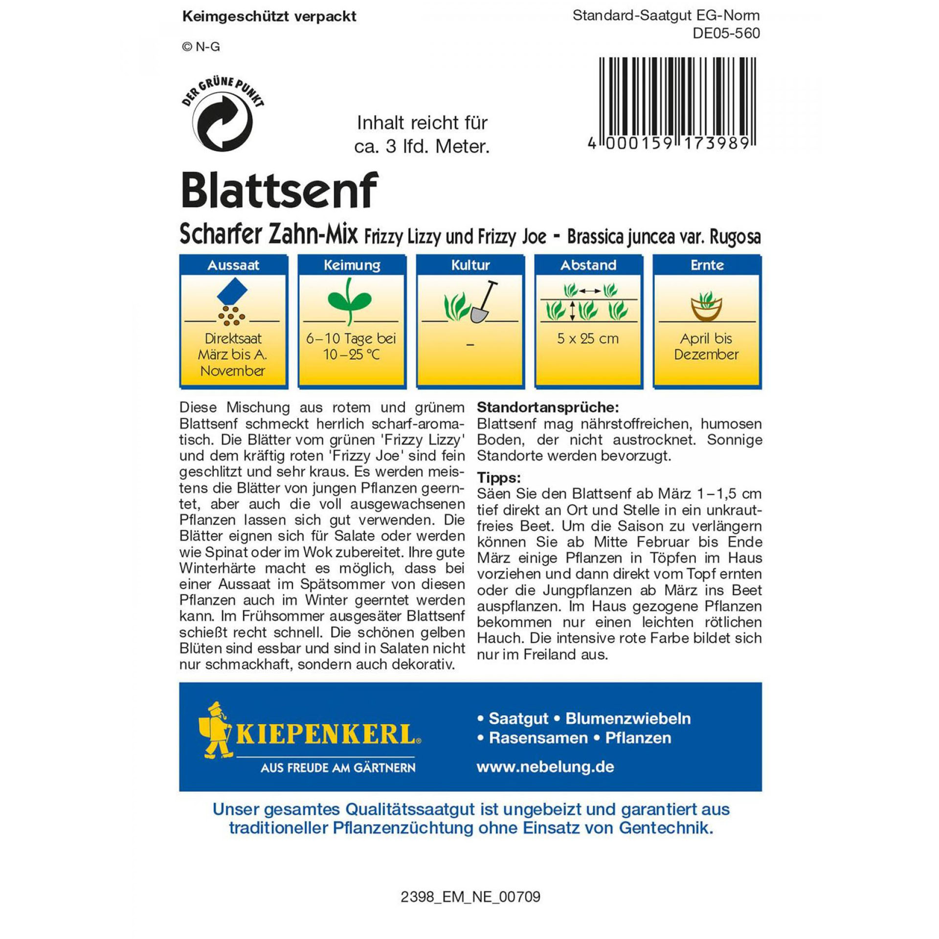 Gemüsesamen Blattsenf Scharfer Zahn Kiepenkerl Hobbygärtner Gemüsegarten